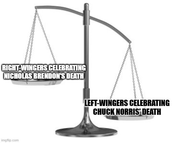 The left is full of horrible people. | Right-wingers celebrating Nicholas Brendon's death; Left-wingers celebrating Chuck Norris' death | image tagged in scales of justice,double standards,buffy the vampire slayer,chuck norris,woke,memes | made w/ Imgflip meme maker