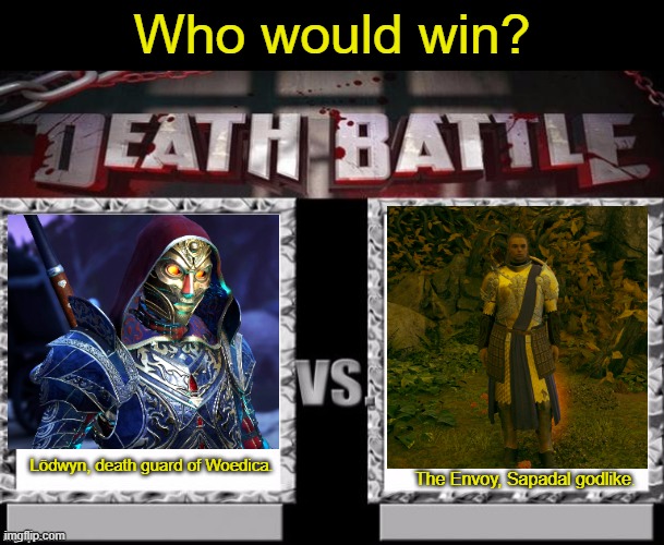 Death Battle:  Lödwyn vs. The Envoy | Who would win? The Envoy, Sapadal godlike. Lödwyn, death guard of Woedica. | image tagged in death battle template,avowed,gaming | made w/ Imgflip meme maker