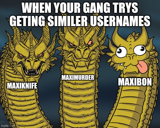 Amoung us | when your gang trys geting similer usernames; maximurder; maxibon; maxiknife | image tagged in three-headed dragon | made w/ Imgflip meme maker