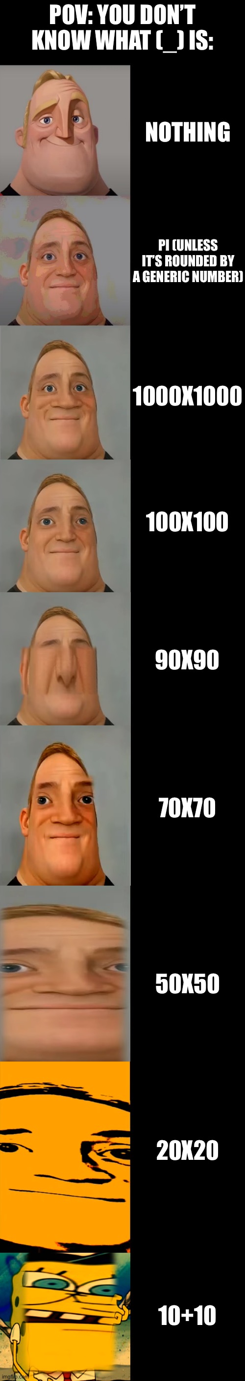 Mr Incredible Becoming Idiot - POV: When You Don’t Know What (_) Is: | POV: You don’t know what (_) is:; Nothing; Pi (unless it’s rounded by a generic number); 1000x1000; 100x100; 90x90; 70x70; 50x50; 20x20; 10+10 | image tagged in mr incredible becoming idiot template | made w/ Imgflip meme maker