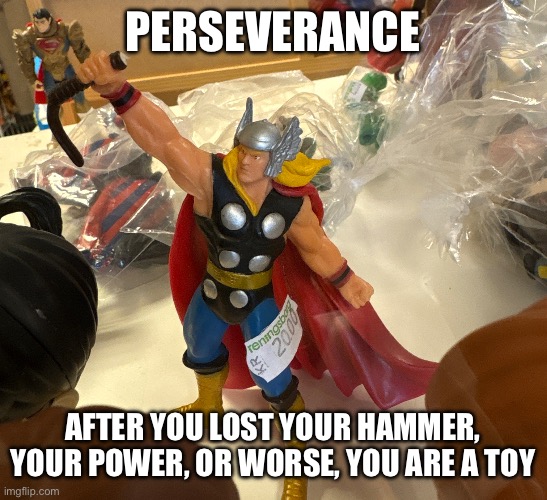 Perseverance | Perseverance; After you lost your hammer, your power, or worse, you are a toy | image tagged in thor | made w/ Imgflip meme maker