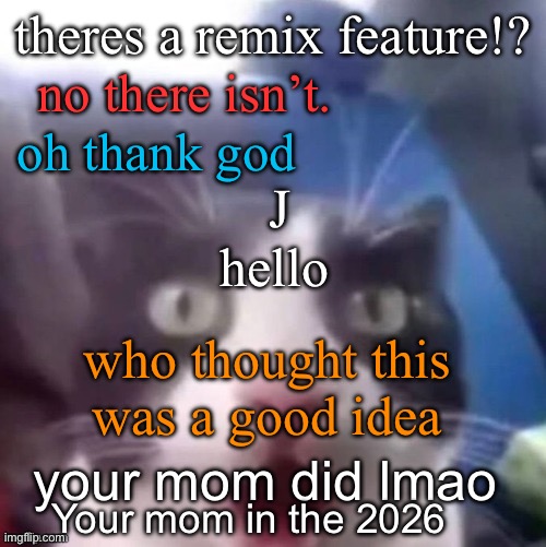 cat shocked | theres a remix feature!? no there isn’t. oh thank god; J; hello; who thought this
was a good idea; your mom did lmao; Your mom in the 2026 | image tagged in cat shocked | made w/ Imgflip meme maker
