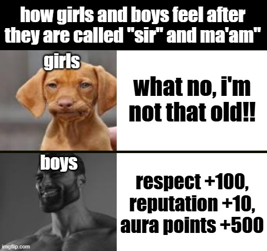now i don't know if it's accurate but i've heard that some girls don't like to be called as "ma'am", especially youngsters | how girls and boys feel after they are called "sir" and ma'am"; girls; what no, i'm not that old!! boys; respect +100, reputation +10, aura points +500 | image tagged in memes,boys vs girls,respect,relatable | made w/ Imgflip meme maker