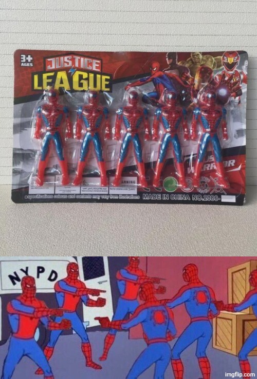 Justice League but only Spider-Man | image tagged in 5 spider-mans pointing at each others,spider-man,spiderman,memes,you had one job,justice league | made w/ Imgflip meme maker