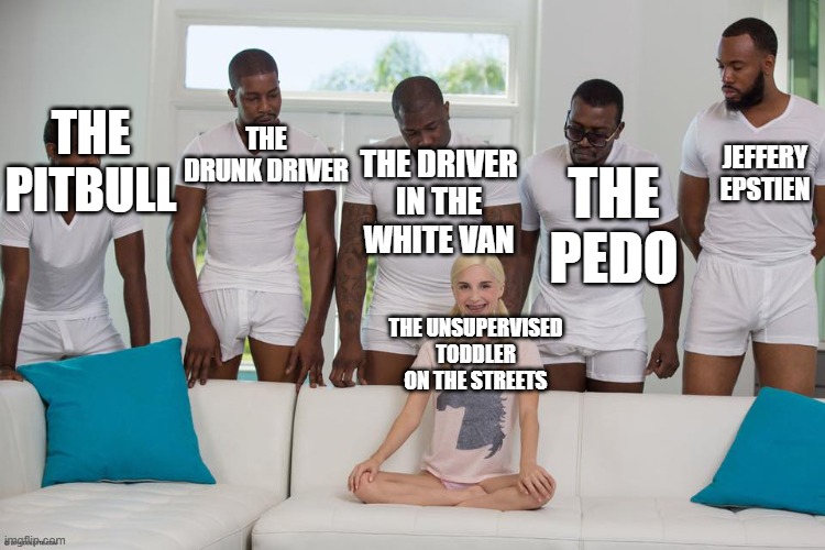 White girl | the drunk driver; jeffery epstien; the pitbull; the driver in the white van; the pedo; the unsupervised toddler on the streets | image tagged in white girl | made w/ Imgflip meme maker