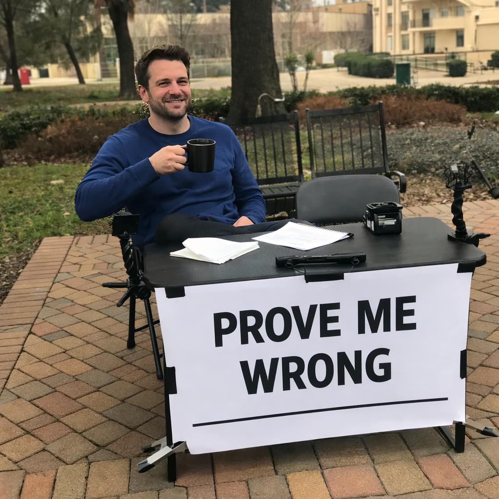 man sitting outside with a table and a sign that says prove me w Blank Meme Template