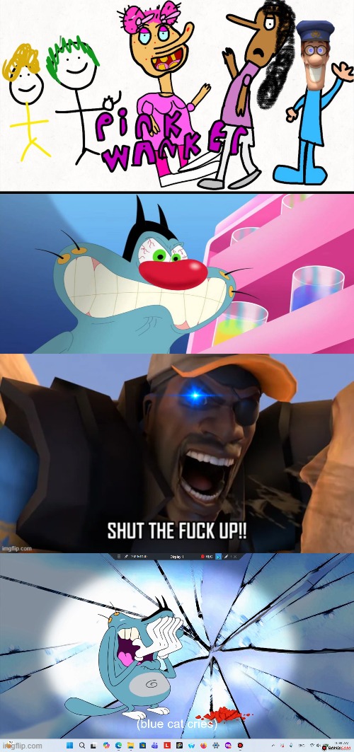 Demoman crashes out on Oggy | image tagged in ruin this fill in meme 277,demoman,oggy and the cockroaches,oggy,crashout | made w/ Imgflip meme maker