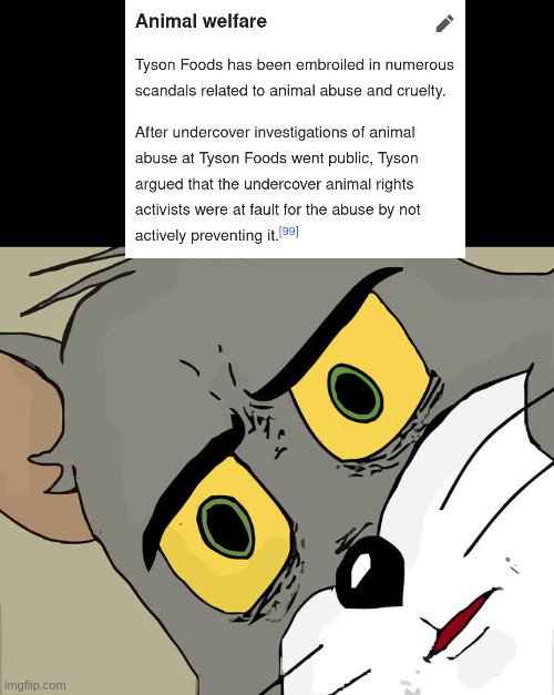 Tyson Blames Investigators (??) For Their Animal Cruelty | image tagged in memes,unsettled tom,cruel,capitalism,tyson,animal rights | made w/ Imgflip meme maker