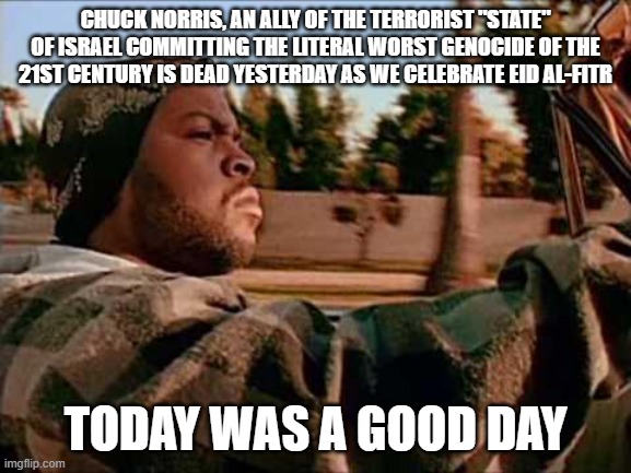 Rest in Pepperoni. Once Upon a Time a Figure That Everybody Talked About And Today Dies Like it's Just Some No-Name Guy's Death | chuck norris, an ally of the terrorist "state" of israel committing the literal worst genocide of the
21st century is dead yesterday as we c | image tagged in memes,today was a good day,chuck norris,israel,genocide,palestine | made w/ Imgflip meme maker