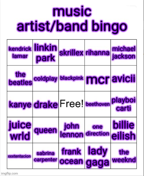 new bingo | image tagged in music artist/band bingo | made w/ Imgflip meme maker