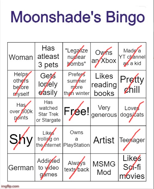 Moonshade's Bingo | image tagged in moonshade's bingo | made w/ Imgflip meme maker