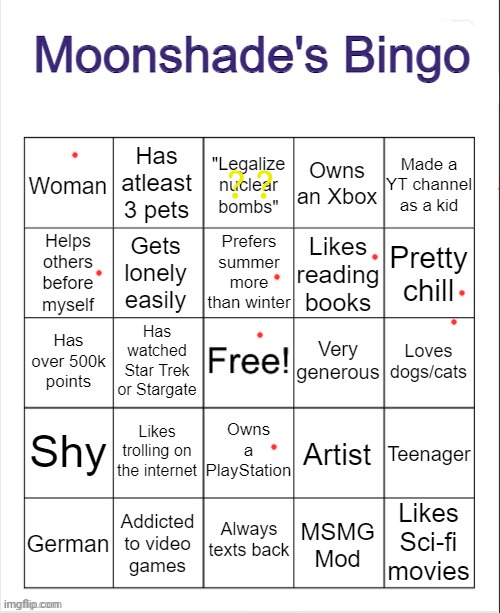 No shitposts right now, so here is a bingo you will forget in three minutes | ?? | image tagged in moonshade's bingo | made w/ Imgflip meme maker