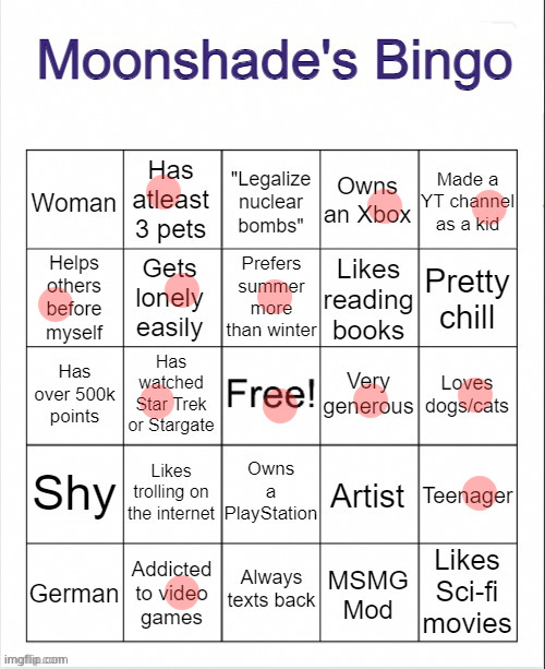 Moonshade's Bingo | image tagged in moonshade's bingo | made w/ Imgflip meme maker