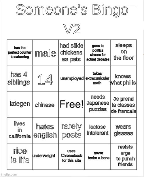 Blank Bingo | V2; Someone's Bingo; had silkie chickens as pets; male; sleeps on the floor; has the perfect counter to saturning; goes to politics stream for actual debates; unemployed; has 4 siblings; knows what phi is; takes extracurricular math; 14; needs Japanese puzzles; lategen; Je prend la classes de francais; chinese; lives in california; hates english; wears glasses; lactose intolerant; rarely posts; underweight; resists urge to punch friends; rice is life; uses Chromebook for this site; never broke a bone | image tagged in blank bingo | made w/ Imgflip meme maker