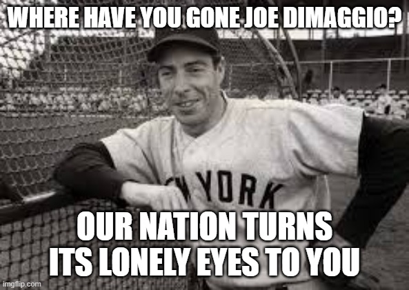Our Hero Joe | where have you gone joe dimaggio? Our nation turns its lonely eyes to you | image tagged in our hero joe | made w/ Imgflip meme maker