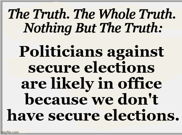 Of course, secure elections make it harder to cheat! SO OBVIOUS! | The Truth. The Whole Truth. 
Nothing But The Truth:; Politicians against 
secure elections 
are likely in office 
because we don't 
have secure elections. | image tagged in no wonder they don't like it,democrats,crying democrats,cheating,stealing,elections | made w/ Imgflip meme maker