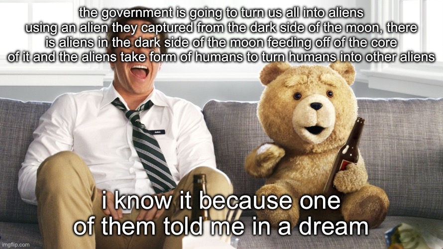 ted | the government is going to turn us all into aliens using an alien they captured from the dark side of the moon, there is aliens in the dark side of the moon feeding off of the core of it and the aliens take form of humans to turn humans into other aliens; i know it because one of them told me in a dream | image tagged in ted | made w/ Imgflip meme maker