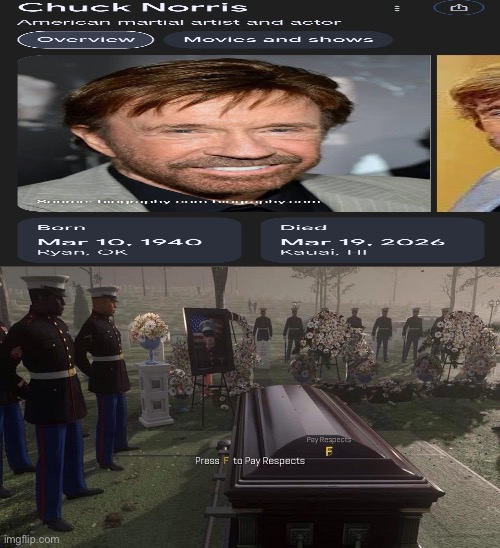 Rest in Piece, Walker. | image tagged in press f to pay respects,chuck norris,walker texas ranger,rest in peace | made w/ Imgflip meme maker