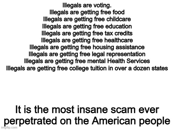 Americans are getting scammed. | Illegals are voting.
Illegals are getting free food
Illegals are getting free childcare
Illegals are getting free education
Illegals are getting free tax credits
Illegals are getting free healthcare
Illegals are getting free housing assistance
Illegals are getting free legal representation
Illegals are getting free mental Health Services
Illegals are getting free college tuition in over a dozen states; It is the most insane scam ever perpetrated on the American people | image tagged in memes,funny,illegal immigration,politics,political meme | made w/ Imgflip meme maker