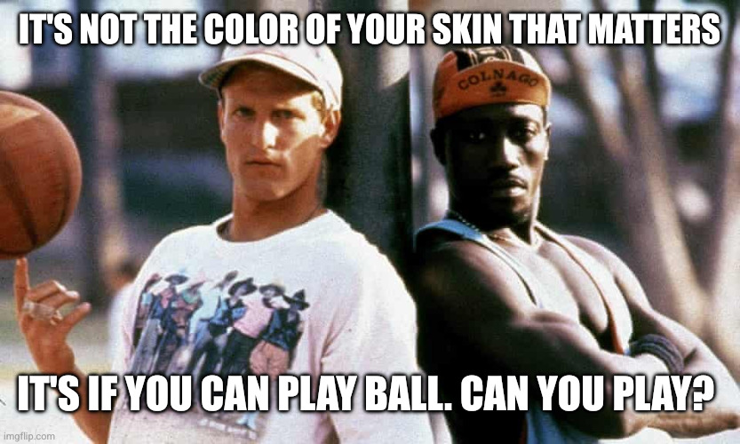 White men can’t jump | It's not the color of your skin that matters It's if you can play ball. Can you play? | image tagged in white men can t jump | made w/ Imgflip meme maker