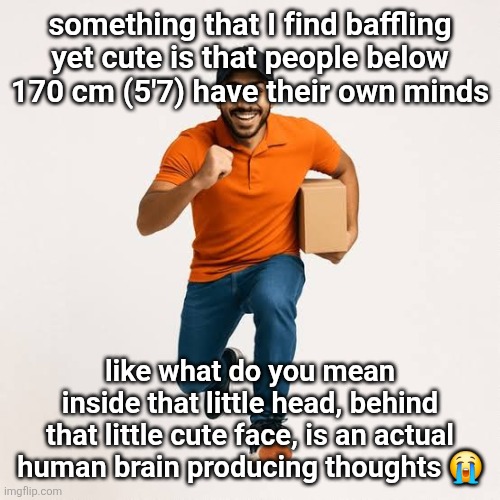 delivery man running | something that I find baffling yet cute is that people below
170 cm (5'7) have their own minds; like what do you mean inside that little head, behind that little cute face, is an actual human brain producing thoughts 😭 | image tagged in delivery man running | made w/ Imgflip meme maker