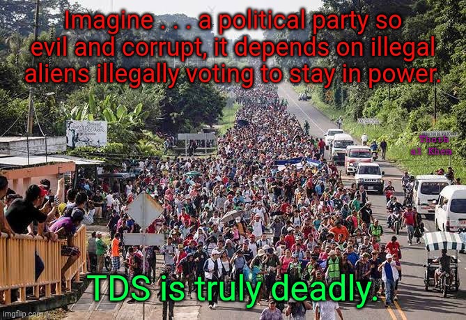 DEMOCRAT PARTY IS EVIL. | Imagine . . . a political party so evil and corrupt, it depends on illegal aliens illegally voting to stay in power. Thoth al Khem; TDS is truly deadly. | image tagged in democrat traitors,democrats love illegals voting,eliminate democrats,take back your country america,stop being girly men | made w/ Imgflip meme maker
