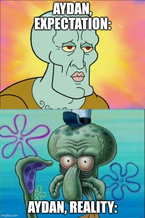 Funny | Aydan, expectation:; Aydan, reality: | image tagged in memes,squidward | made w/ Imgflip meme maker