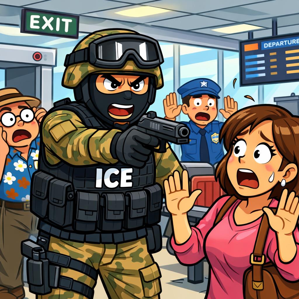 An ICE agent is wearing a soldiers outfit and a mask. He is poin Blank Meme Template