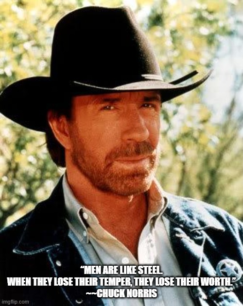 Chuck Norris | “Men are like steel.
When they lose their temper, they lose their worth.”
~~Chuck Norris | image tagged in memes,chuck norris,wisdom | made w/ Imgflip meme maker