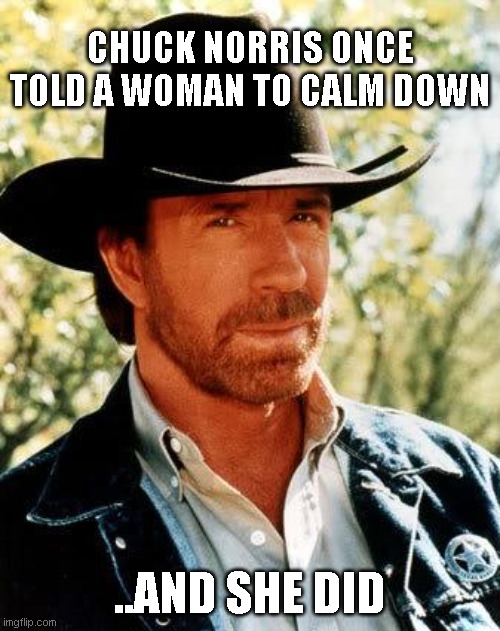 Chuck Norris Meme | chuck norris once told a woman to calm down; ..and she did | image tagged in memes,chuck norris | made w/ Imgflip meme maker