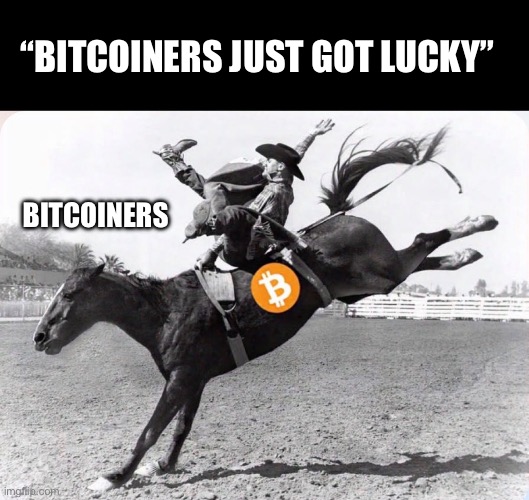 Bitcoin | “Bitcoiners just got lucky”; Bitcoiners | image tagged in memes | made w/ Imgflip meme maker