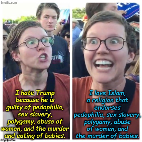 Democrat Hypocrisy much? | I hate Trump because he is guilty of pedophilia, sex slavery, polygamy, abuse of women, and the murder and eating of babies. I love Islam, a religion that endorses pedophilia, sex slavery, polygamy, abuse of women, and the murder of babies. | image tagged in sjw hypocrisy | made w/ Imgflip meme maker