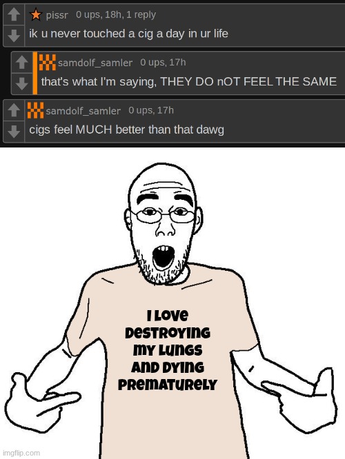 I love destroying my lungs and dying prematurely | image tagged in soyjak i love x shirt | made w/ Imgflip meme maker