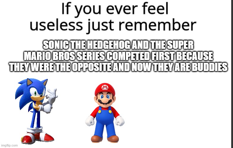 i am telling the truth | sonic the hedgehog and the super mario bros series competed first because they were the opposite and now they are buddies | image tagged in if you ever feel useless remember this | made w/ Imgflip meme maker