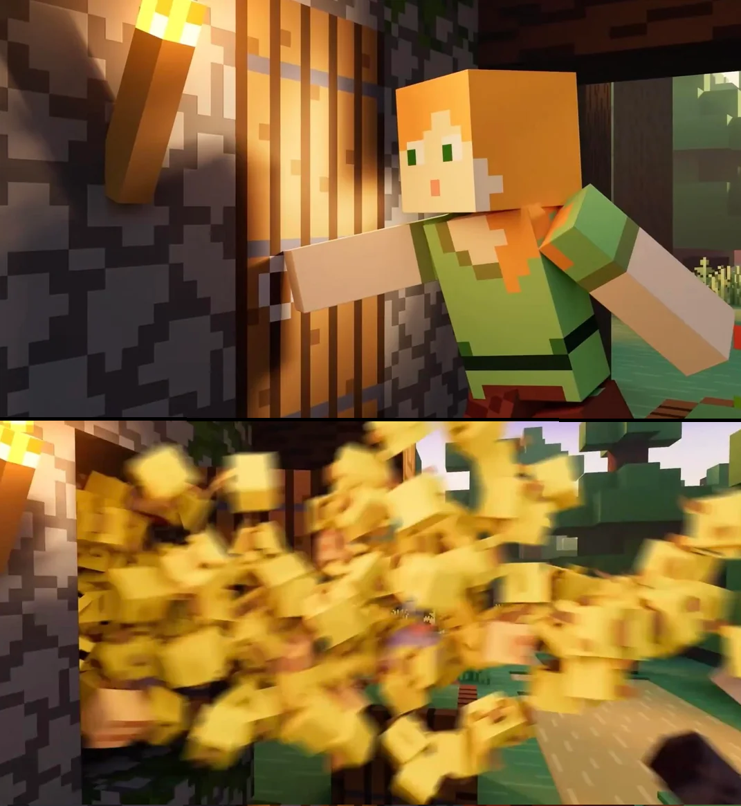 alex from minecraft opening a door and baby chickens explode out Blank Meme Template