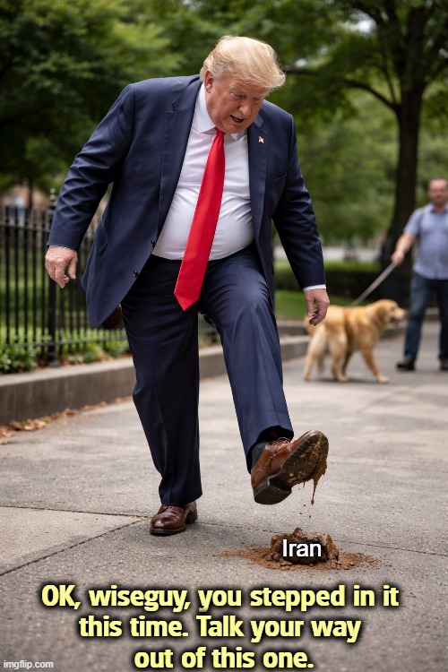 Trump did not achieve a single one of his stated war aims. Not one. | Iran; OK, wiseguy, you stepped in it 
this time. Talk your way 
out of this one. | image tagged in trump,iran,war,ew i stepped in shit,poop,loser | made w/ Imgflip meme maker