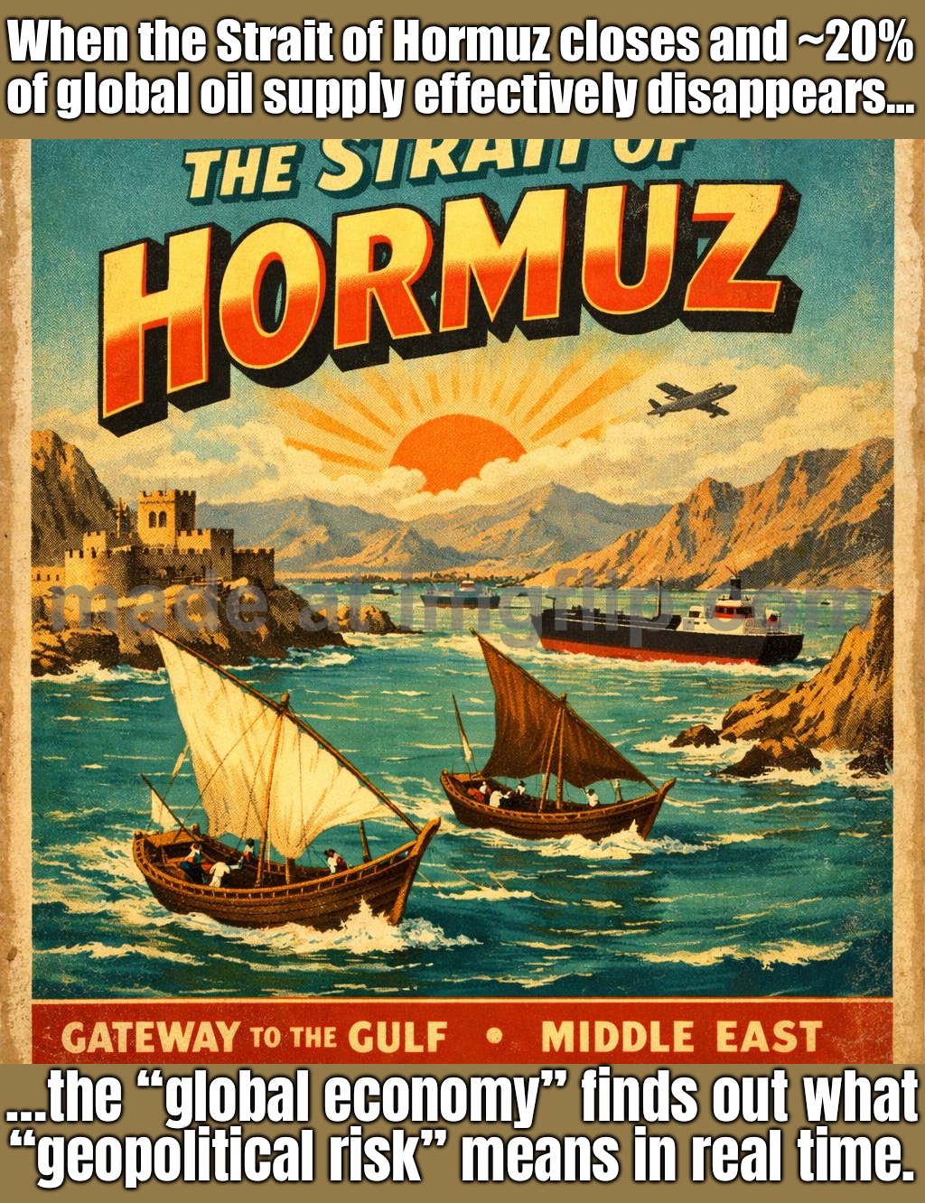 The “oil shock” stops being a headline and starts being everyone’s inflation and recession | When the Strait of Hormuz closes and ~20% of global oil supply effectively disappears…; …the “global economy” finds out what “geopolitical risk” means in real time. | image tagged in strait of hormuz,depression,economy,iran,inflation,world war 3 | made w/ Imgflip meme maker