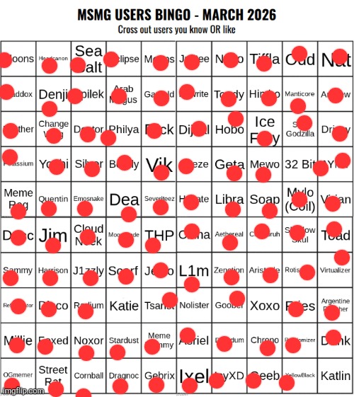 why am i never on bingos :( | image tagged in msmg users bingo march 2026 | made w/ Imgflip meme maker