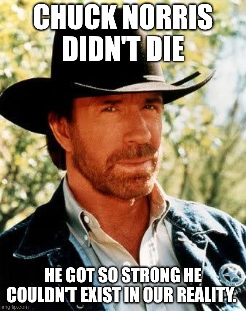 Chuck Norris Meme | chuck Norris didn't die; he got so strong he couldn't exist in our reality. | image tagged in memes,chuck norris | made w/ Imgflip meme maker
