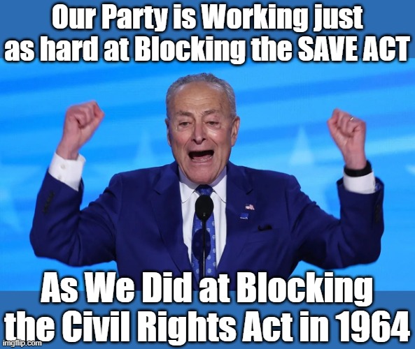 Longest Filibuster in Senate's History | Our Party is Working just as hard at Blocking the SAVE ACT; As We Did at Blocking the Civil Rights Act in 1964 | image tagged in schumer save act civil rights filibuster meme | made w/ Imgflip meme maker