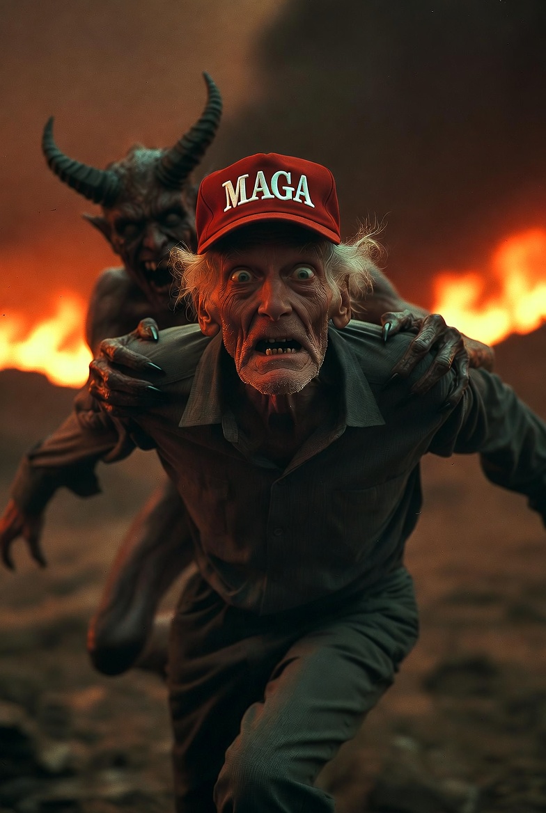 MAGA man being dragged to Hell by Satan Demon Lucifer Blank Meme Template