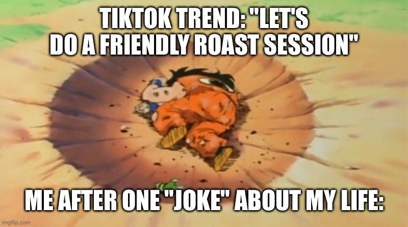 It Was All Fun and Games Until Someone Mentioned My Career Path | TIKTOK TREND: "LET'S DO A FRIENDLY ROAST SESSION"; ME AFTER ONE "JOKE" ABOUT MY life: | image tagged in yamcha dead,yamcha death pose,tiktok,dragon ball z,yamcha,roasted | made w/ Imgflip meme maker