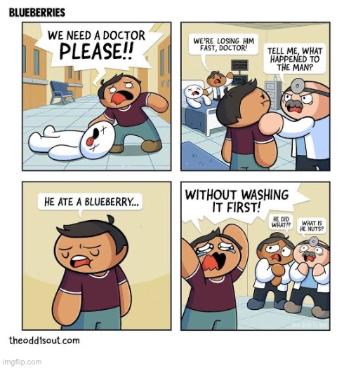 The Odd 1s Out | image tagged in comics,the odd 1s out,need help,hospital,blueberry,didnt wash | made w/ Imgflip meme maker