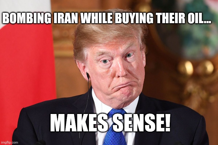 Smartest ever | Bombing Iran while buying their oil... Makes sense! | image tagged in donald trump,trump,maga,iran,israel,nevertrump | made w/ Imgflip meme maker