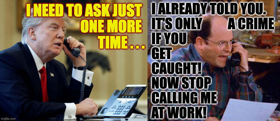 Mentoring. | i already told you.
it's only          a crime
if you
get
caught!
now stop
calling me
at work! i need to ask just 
one more 
time . . . | image tagged in george costanza,memes,trump criminal,mentoring | made w/ Imgflip meme maker