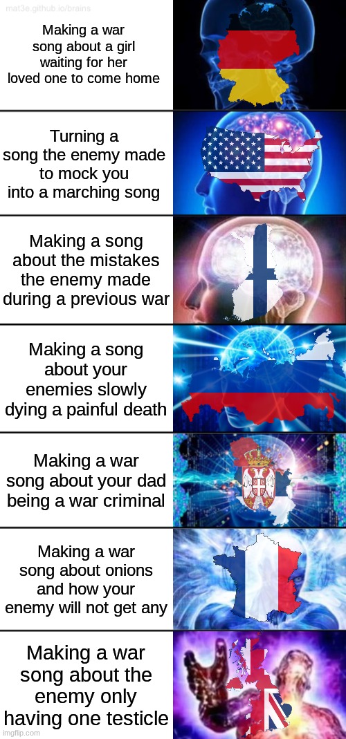 7-Tier Expanding Brain | Making a war song about a girl waiting for her loved one to come home; Turning a song the enemy made to mock you into a marching song; Making a song about the mistakes the enemy made during a previous war; Making a song about your enemies slowly dying a painful death; Making a war song about your dad being a war criminal; Making a war song about onions and how your enemy will not get any; Making a war song about the enemy only having one testicle | image tagged in 7-tier expanding brain | made w/ Imgflip meme maker