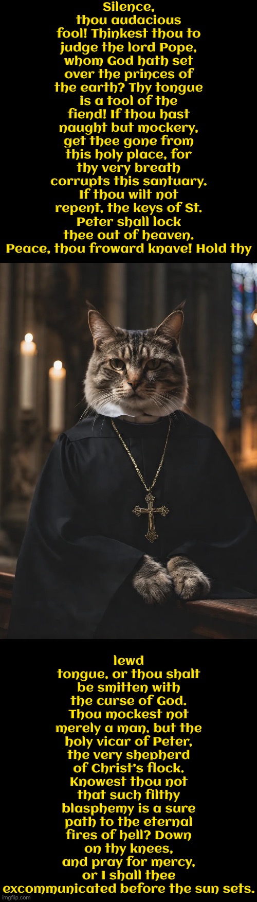 No idiot the pope is just a man. The priest is the blasphemer | Silence, thou audacious fool! Thinkest thou to judge the lord Pope, whom God hath set over the princes of the earth? Thy tongue is a tool of the fiend! If thou hast naught but mockery, get thee gone from this holy place, for thy very breath corrupts this santuary. If thou wilt not repent, the keys of St. Peter shall lock thee out of heaven. Peace, thou froward knave! Hold thy; lewd tongue, or thou shalt be smitten with the curse of God. Thou mockest not merely a man, but the holy vicar of Peter, the very shepherd of Christ’s flock. Knowest thou not that such filthy blasphemy is a sure path to the eternal fires of hell? Down on thy knees, and pray for mercy, or I shall thee excommunicated before the sun sets. | image tagged in cats,medieval memes,the pope,catholicism,priests,pope is a mere man fools | made w/ Imgflip meme maker