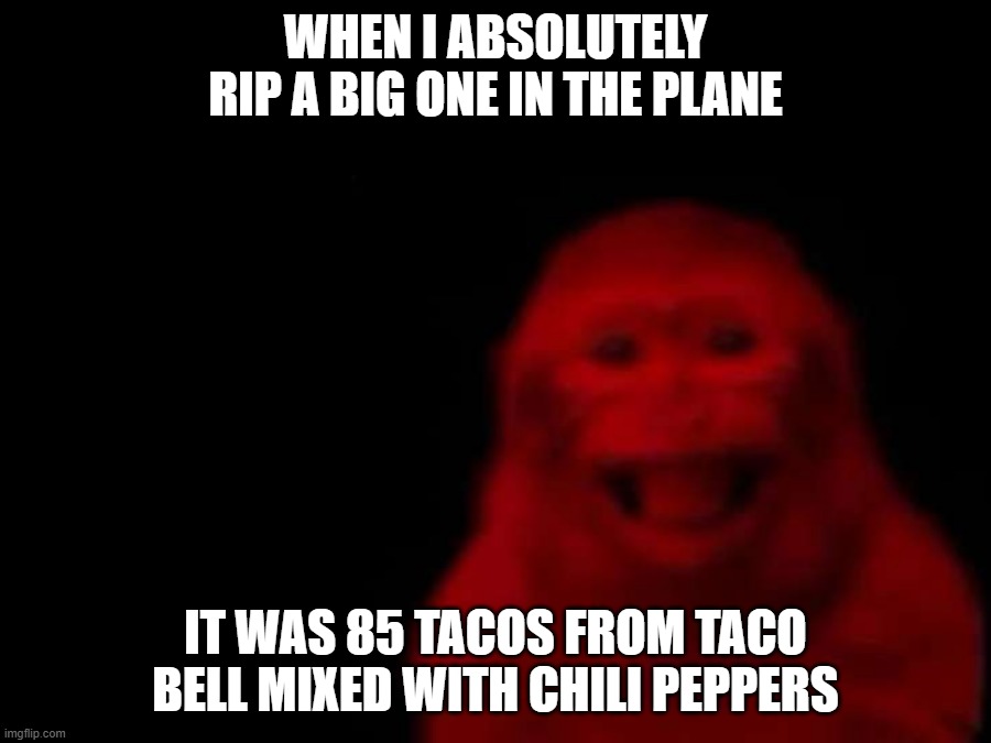 THE RED MONKEY | when i absolutely rip a big one in the plane; it was 85 tacos from taco bell mixed with chili peppers | image tagged in the red monkey | made w/ Imgflip meme maker
