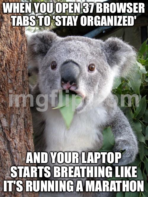 WHEN YOU OPEN 37 BROWSER TABS TO 'STAY ORGANIZED'; AND YOUR LAPTOP STARTS BREATHING LIKE IT'S RUNNING A MARATHON | WHEN YOU OPEN 37 BROWSER TABS TO 'STAY ORGANIZED'; AND YOUR LAPTOP STARTS BREATHING LIKE IT'S RUNNING A MARATHON | image tagged in memes,surprised koala,marathon,laptop,browser history,browser | made w/ Imgflip meme maker