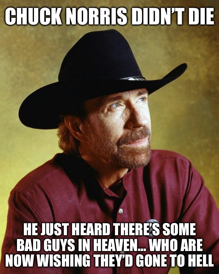 Chuck Norris didn’t die | Chuck Norris didn’t die; He just heard there’s some bad guys in heaven… who are now wishing they’d gone to hell | image tagged in funny memes | made w/ Imgflip meme maker